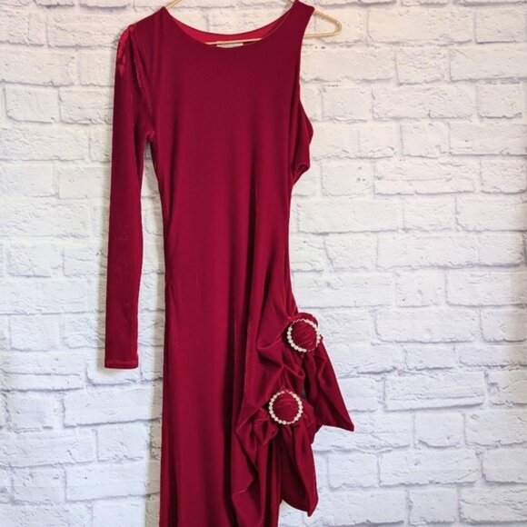 Lovers and Friends Red Velvet Edith Gown S Rhinestone Crystal Bows Cut Out Glam - Picture 4 of 9